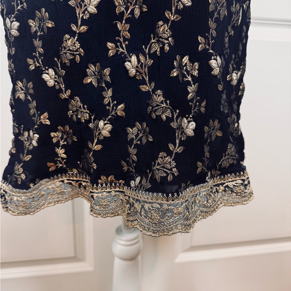 Boho Embroidered Kurta Tunic Dress Set Navy Gold Dupatta Festival L Ethnic - Picture 6 of 12